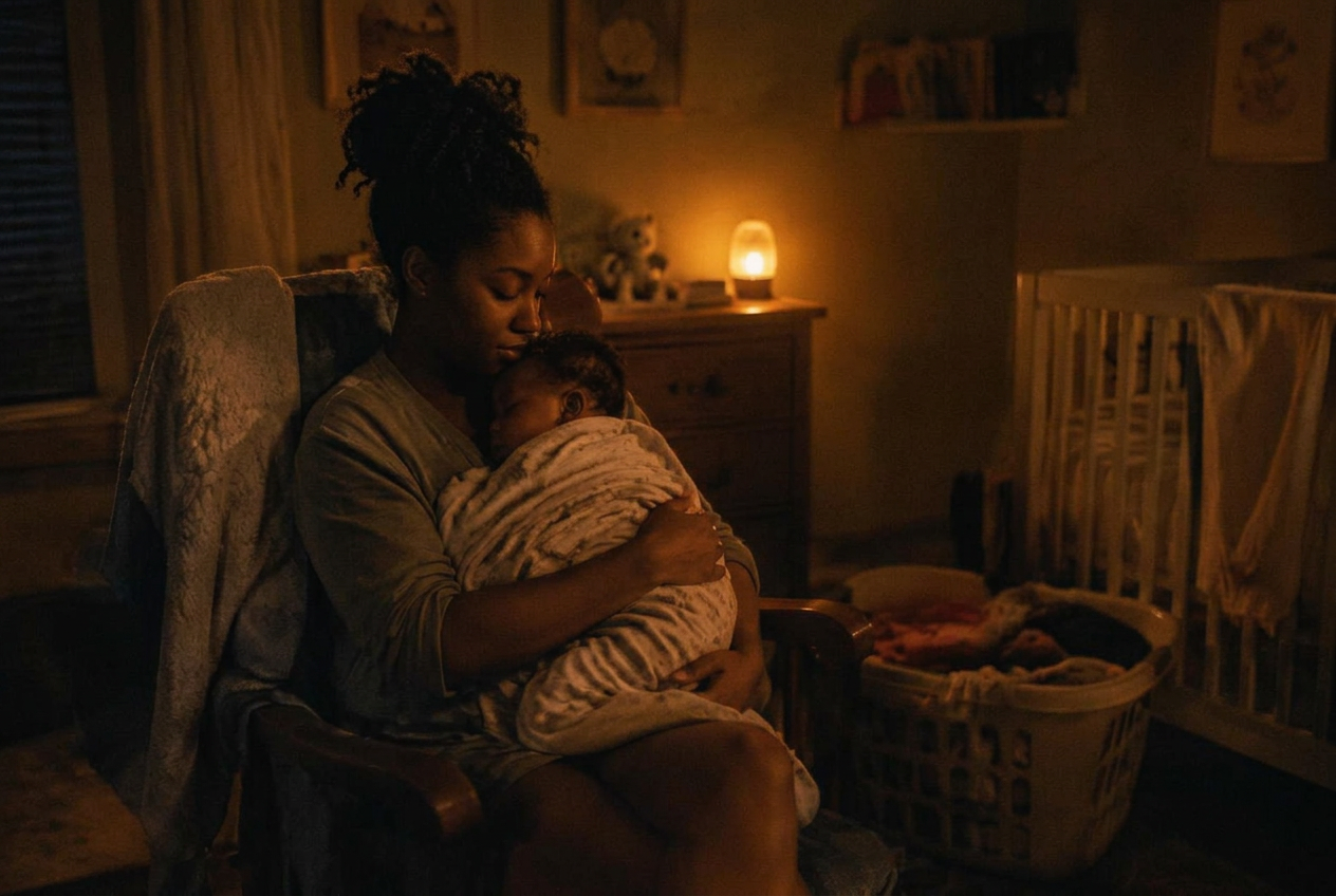 A mom rocking her baby in a dim nursery at night